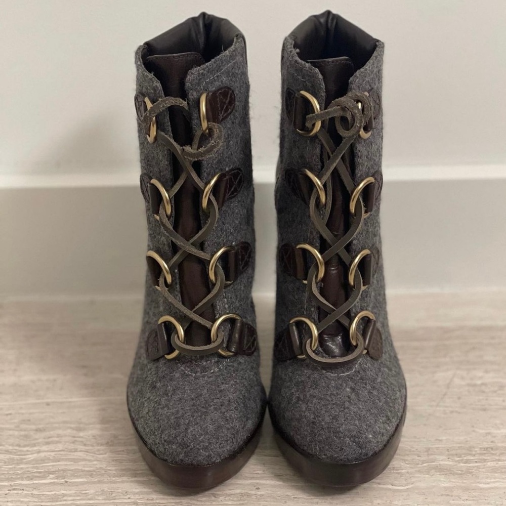 Tory Burch grey fabric with brown leather lace up booties. Size 7
